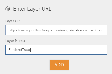The Enter Layer URL pane showing the service URL and Layer Name set to PortlandTrees The Enter Layer URL pane showing the service URL and Layer Name set to PortlandTrees